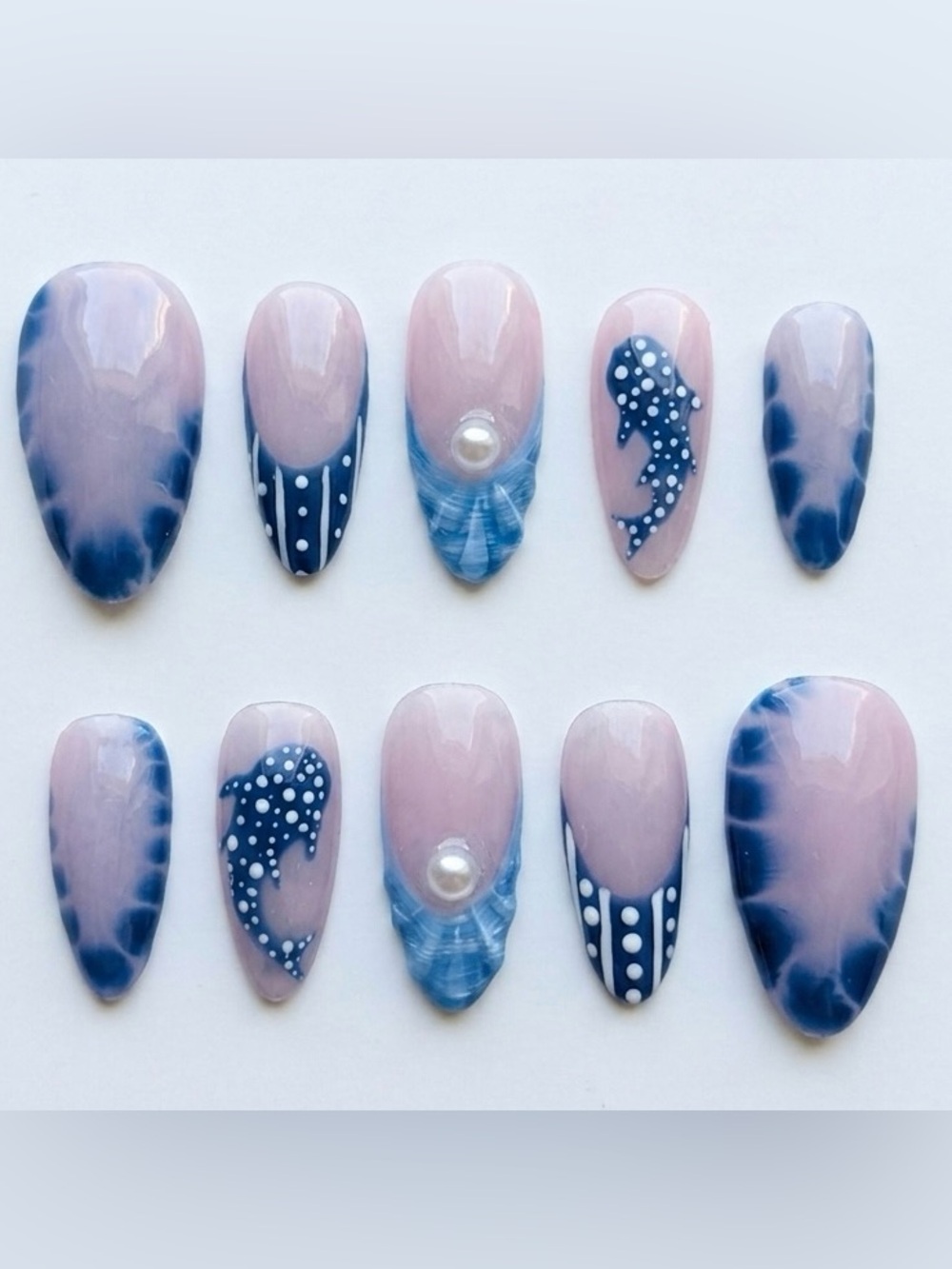 Handmade Pink & Navy Ocean Dot Nail Set
